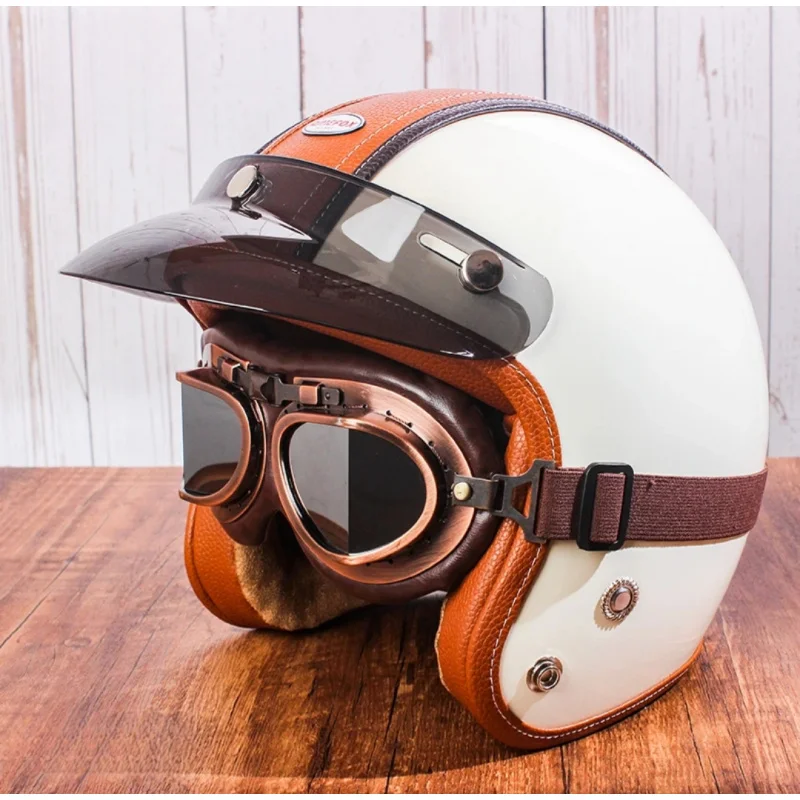 

3/4 Helmet helmet with goggles Retro Motorcycle Helmet Leather Patchwork Unisex Helmet Motorcycle Safety Helmet women