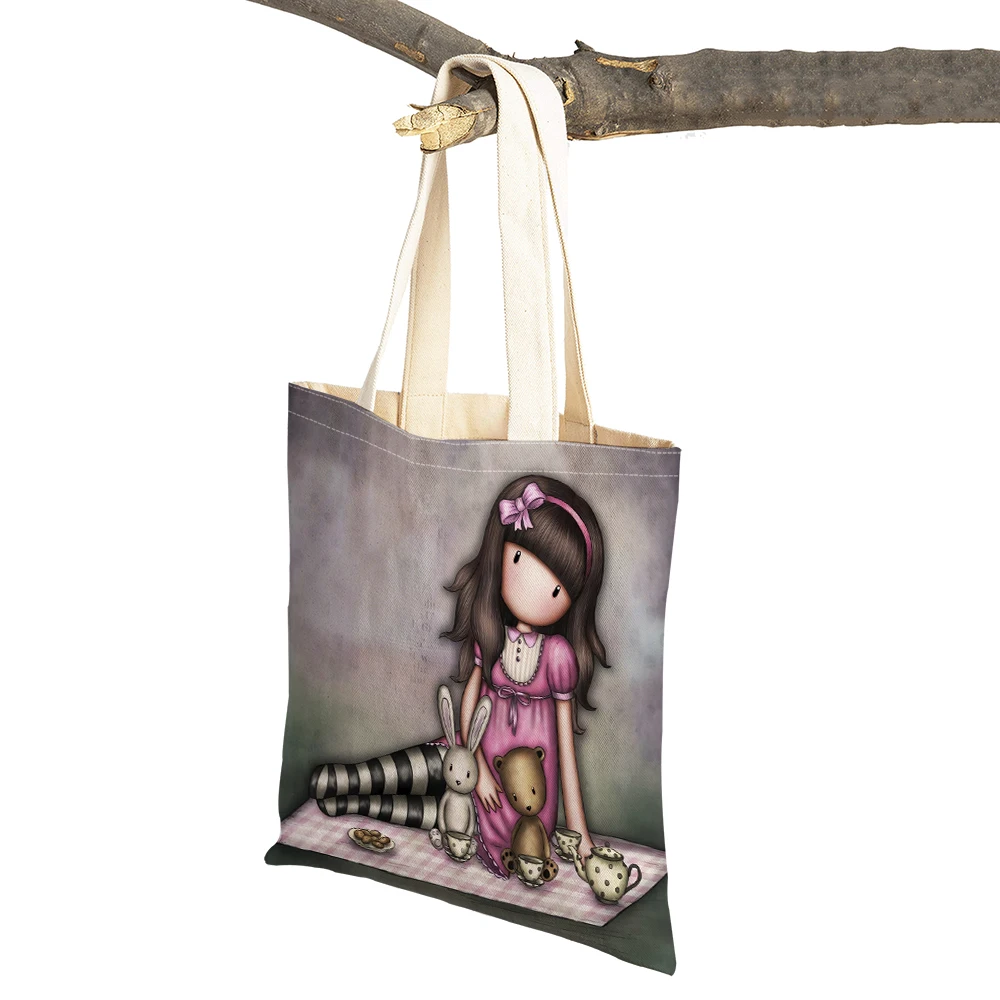 Double Print Fashion Cute Cartoon Little Girl Women Shopping Bag Linen Children Gift Tote Handbag Lady Shopper Bags