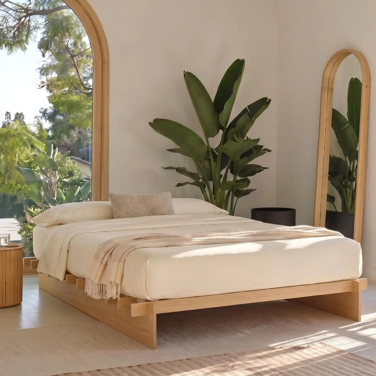 Natural Wood Platform Bed Frame, Tool-Free Assembly, Japanese Joinery Style, Customized