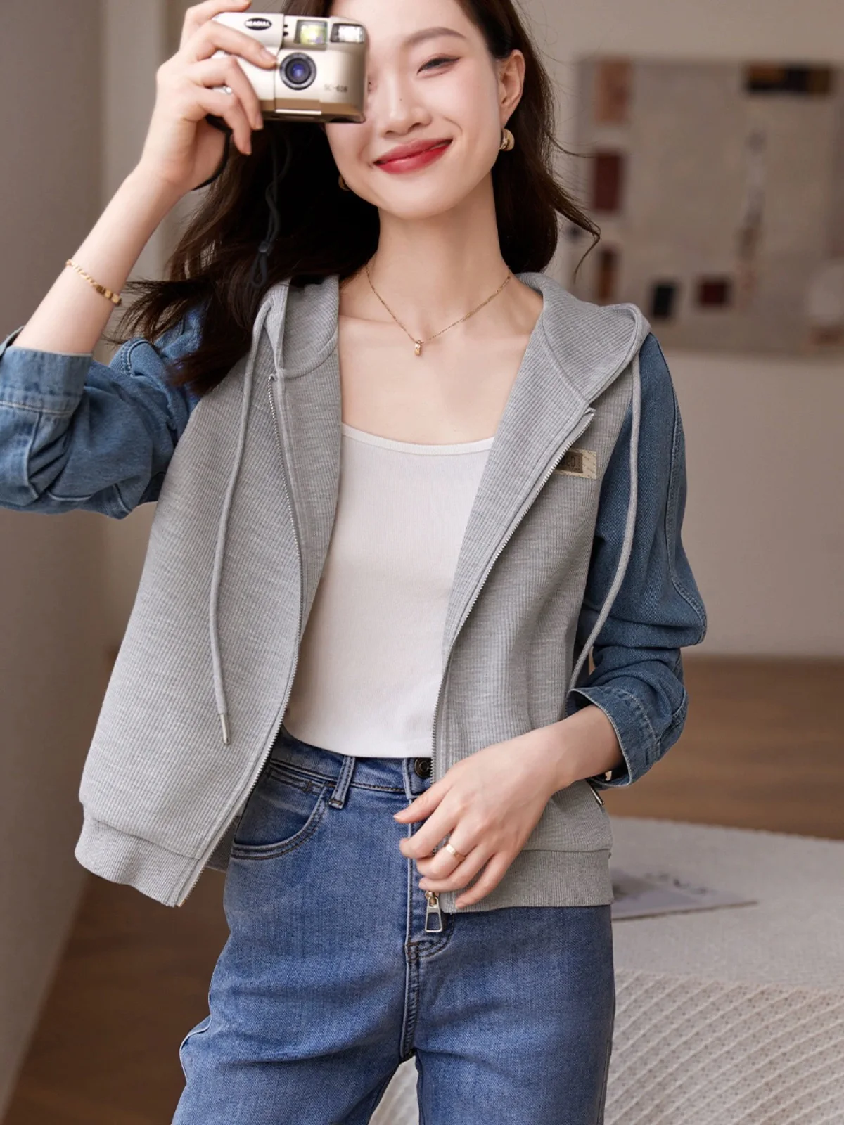 ملابس خارجية غير رسمية من قماش الدنيم بقلنسوة Jaet Dstring ملابس خارجية متعددة الاستخدامات من ألياف البوليستر عالية الجودة طويلة Sve V-ne Commute Sle