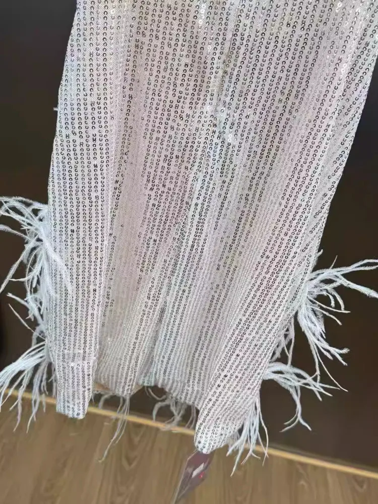 DFDG Women's Spring White Sequin Feather Cami Dress Sleeveless V-Neck Dress Elegant Party Clubwear 2025 Trendy Feminine Dress