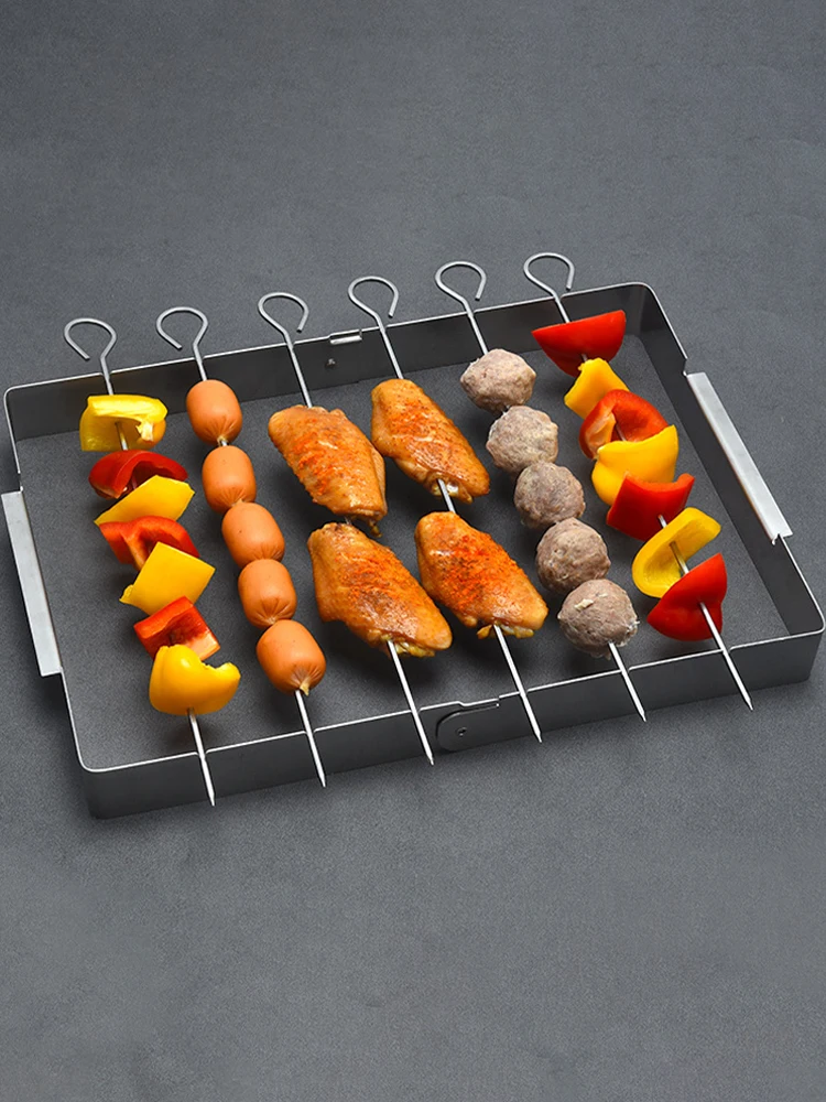 Support de brochettes de barbecue en acier inoxydable, brochettes métalliques pliables et rotatives pour rôtissoire avec 6 brochettes pour Shish Kebab