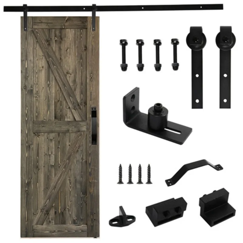 30 Inch X 84 Inch Sliding Type Barn Door Accessories Frosted Black Carbon Steel Hardware Decoration Spruce Wood Gray Painted