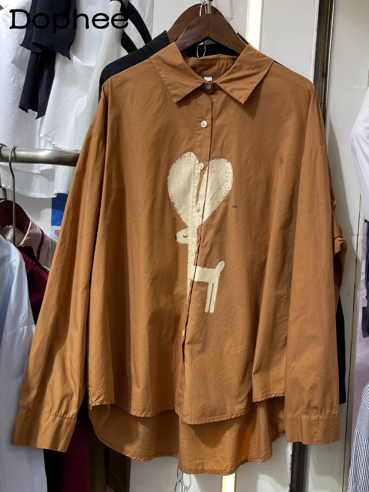 

Korean Cartoon Printed Cotton Long-sleeved Shirt Women's Spring and Autumn Loose Top Women Shirt Single Breasted Commuter Style