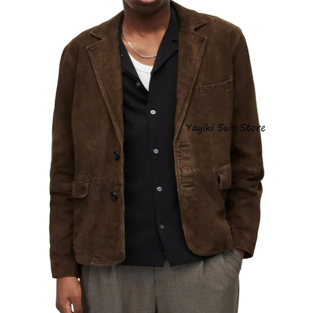 

Мужская куртка Модный костюм Куртки для мужчин Повседневные городские пиджаки с лацканами Замшевая ткань Мужское социальное пальто Костюмы на двух пуговицах