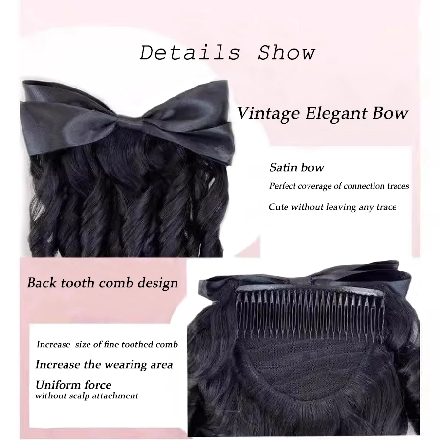 Synthetic Vintage Black Butterfly Knot Curl Hair Braid Women's Retro Princess Style High Ponytail Artificial Hair Accessory