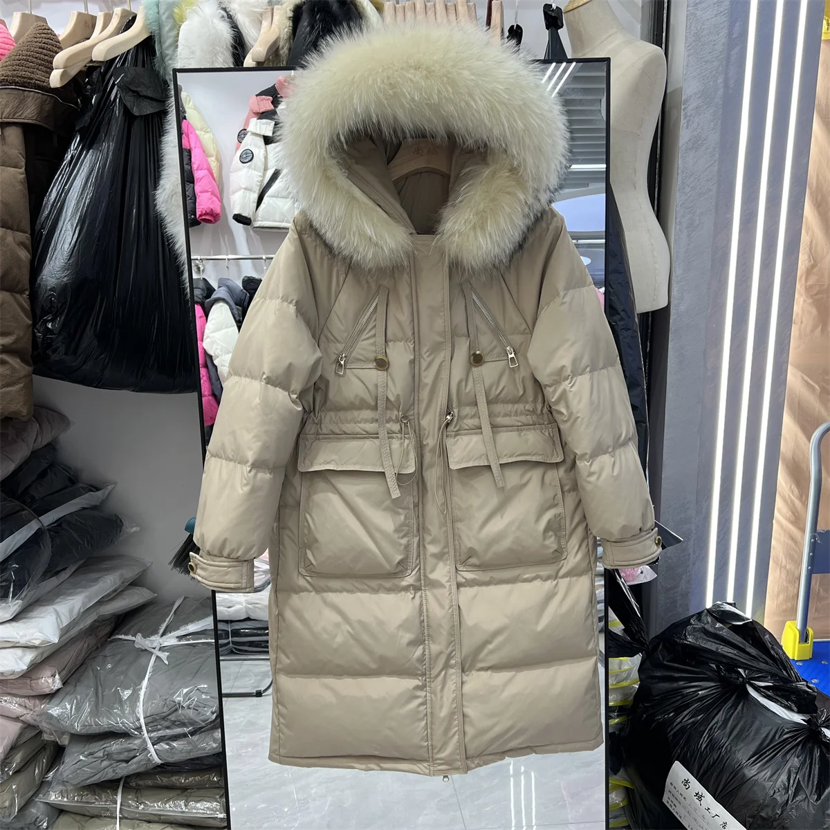 2024 Winter New Down Jacket Women's Mid Length Over-knee Hooded Fur Collar Thickened Loose Streamer White Duck Down Jacket