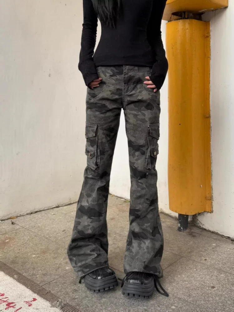 2025 Cyber Y2K Streetwear Camouflage Slim Flare Cargo Jeans Broek Voor Vrouwen Kleding Multi Zakken Dame Lange Broek Ropa Mujer