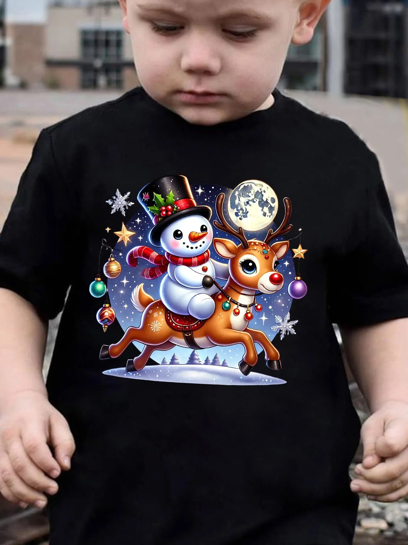 Kids Boys Girls Family Matching T Shirt Christmas Snowman Riding Reindeer Bauble Graphic Print Short Sleeve Crew Neck Soft Tee