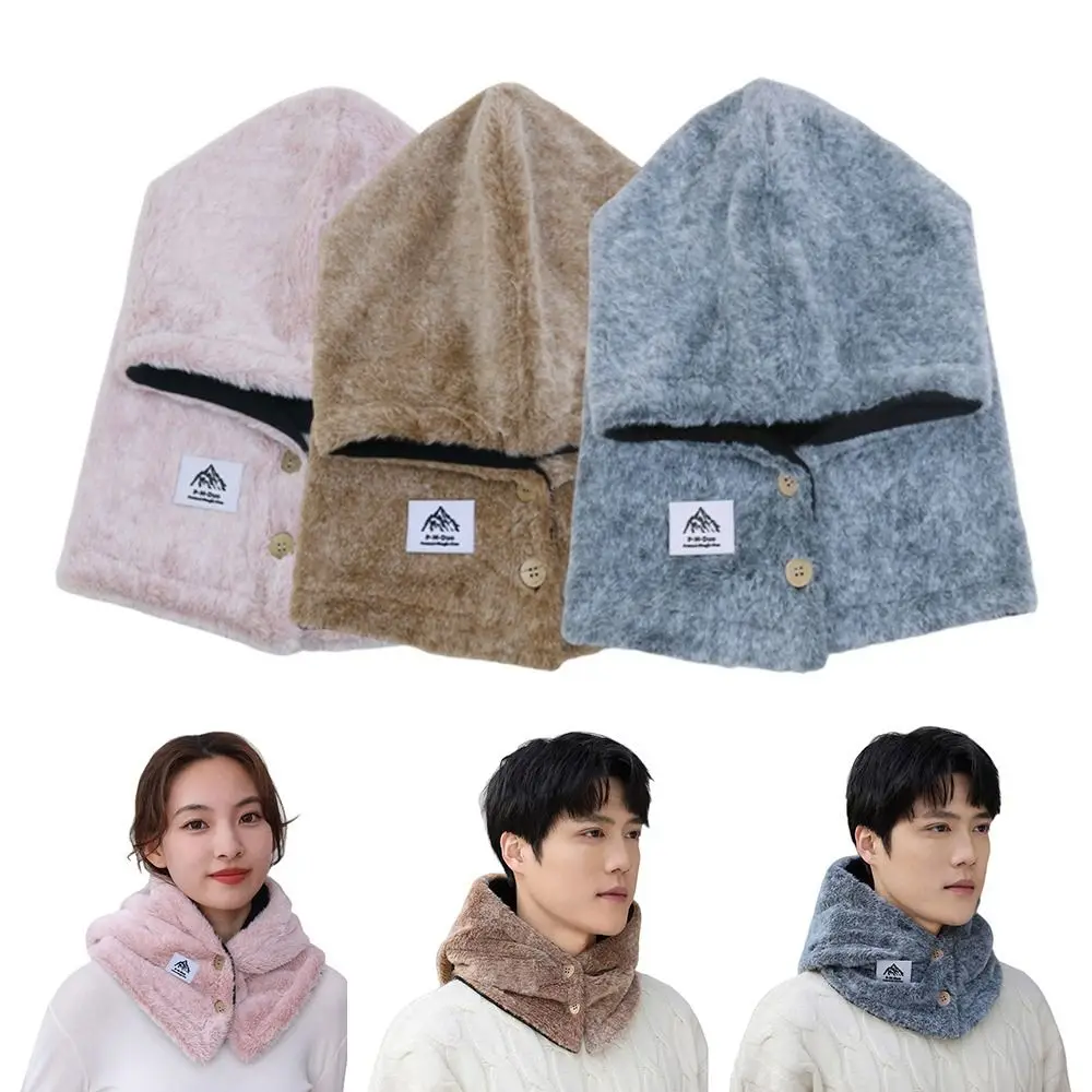 Topi Balaclava Musim Dingin Berbahan Plush dengan Syal Terintegrasi, Pelindung Telinga Hangat, Set Syal Kasual Lembut Berkerudung untuk Pria Wanita