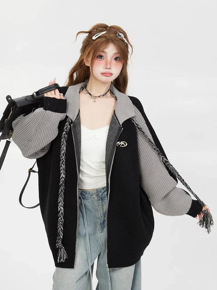 Jmprs Vrouwen Streetwear Y2K Vest Vintage Luie Wind Losse Lange Mouw Gebreide Truien Amerikaanse Harajuku Casual Patchwork Tops