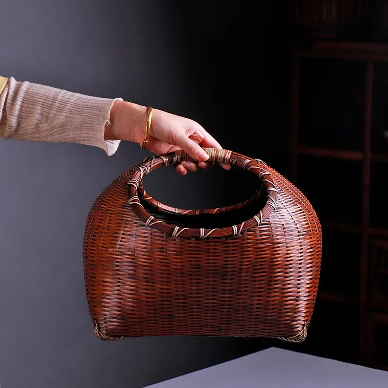Handmade Purple Bamboo Fruit Basket Natural Woven Storage Container for Kitchen Home Decor Flower Arrangement Cat Bed Tea Set