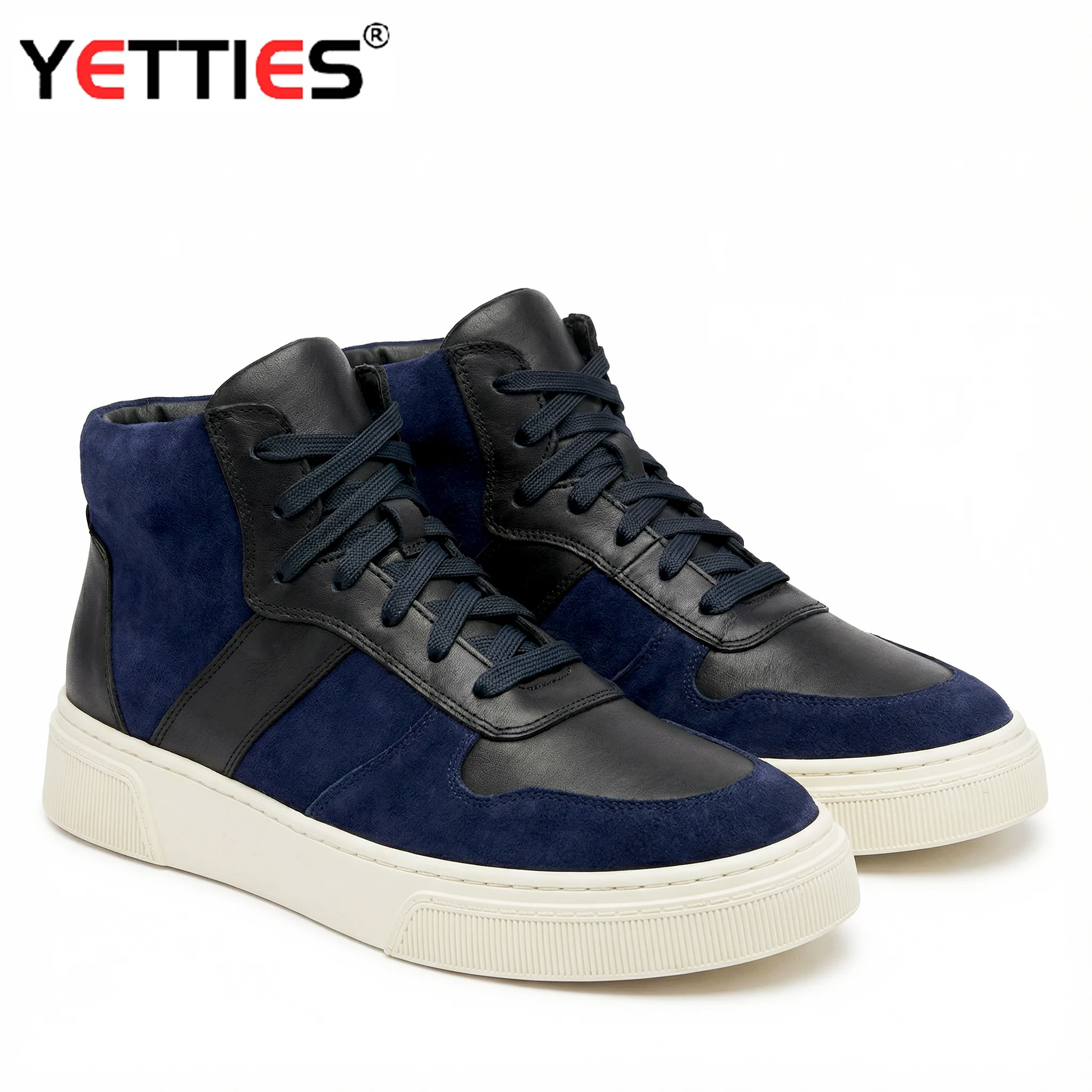 Men's Luxury Blue High Top Sneakers, Genuine Leather Lace-Up Casual Shoes, All-Leather Construction & Height Increase Design