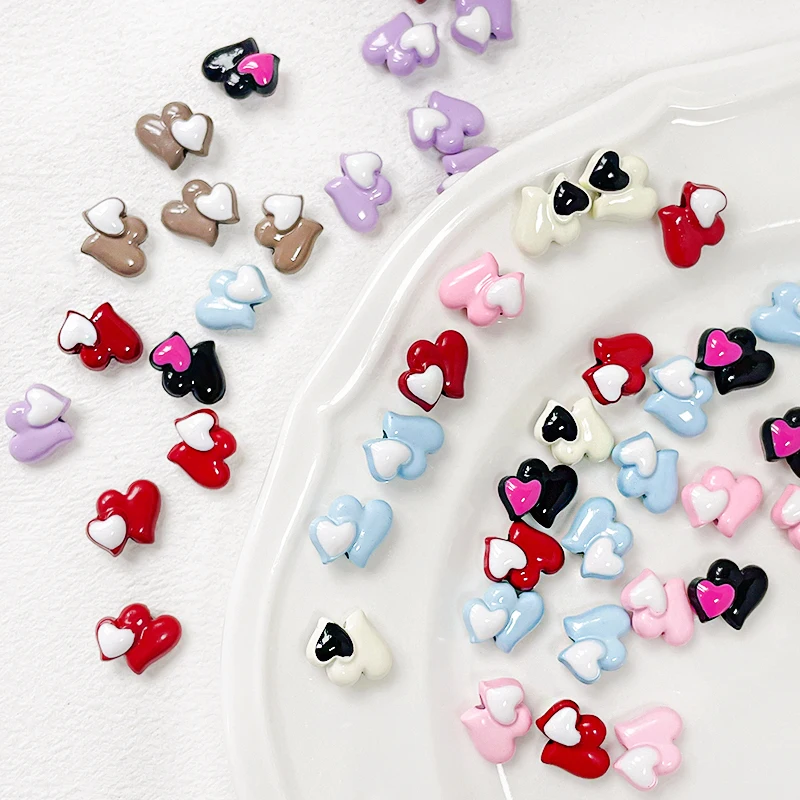 10pcs Candy Color Lovely Alloy Love Double Match Color Fresh Three-dimensional Heart Handmade Diy Beaded