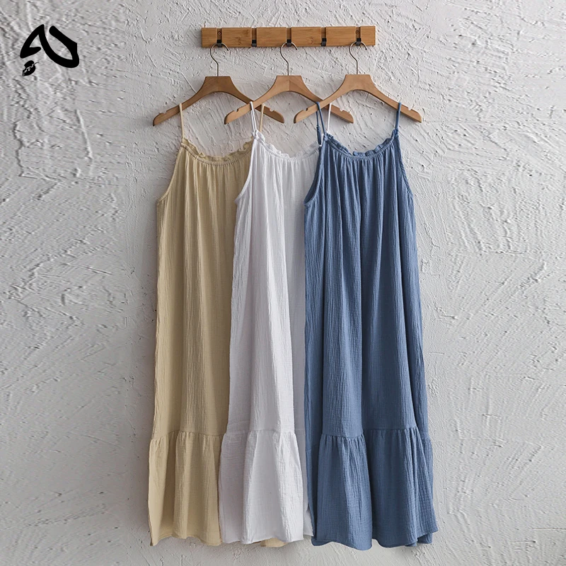 Original Muslin 100% Cotton Gauze Long Dresses For Women Adjustable Strap Sleeveless Ruched Holiday Boho Sundress Maxi Dress