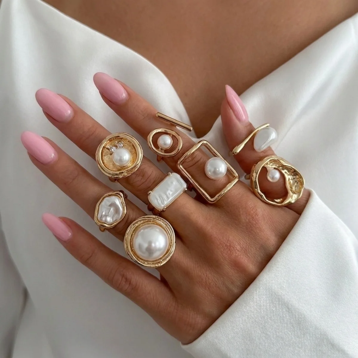 Vintage-Set mit unregelmäßigen, barocken, imitierten Perlen-Fingerringen für Damen und Herren, trendiger weißer, geometrischer Ring mit Emaille, Punk-Schmuck – Detail 9