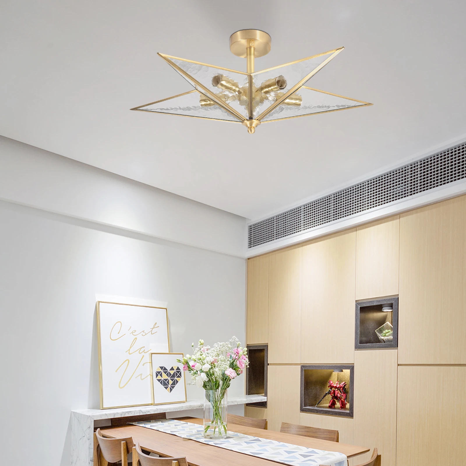Star Ceiling Light 5 Lights Nordic Gold Copper Glass Ceiling Lamp E14 Ice Pattern Glass Shade For Living Room Bedroom Cafe Decor