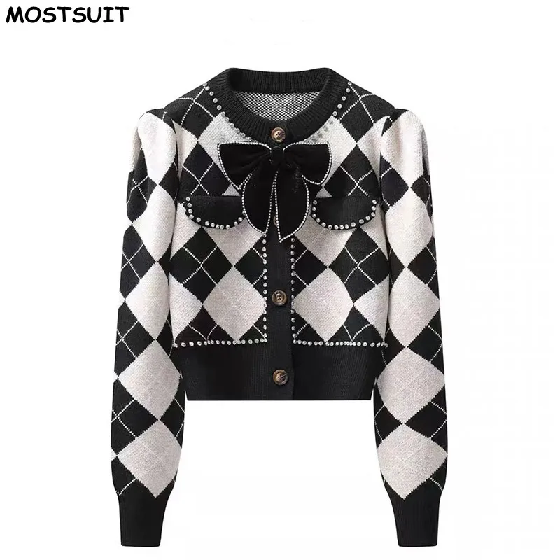 

Argyle Knitted Thicken Sweater For Women Cardigans Tops Diamonds Bow Elegant Vintage Stylish Fashion Long Sleeve Jumpers Coats