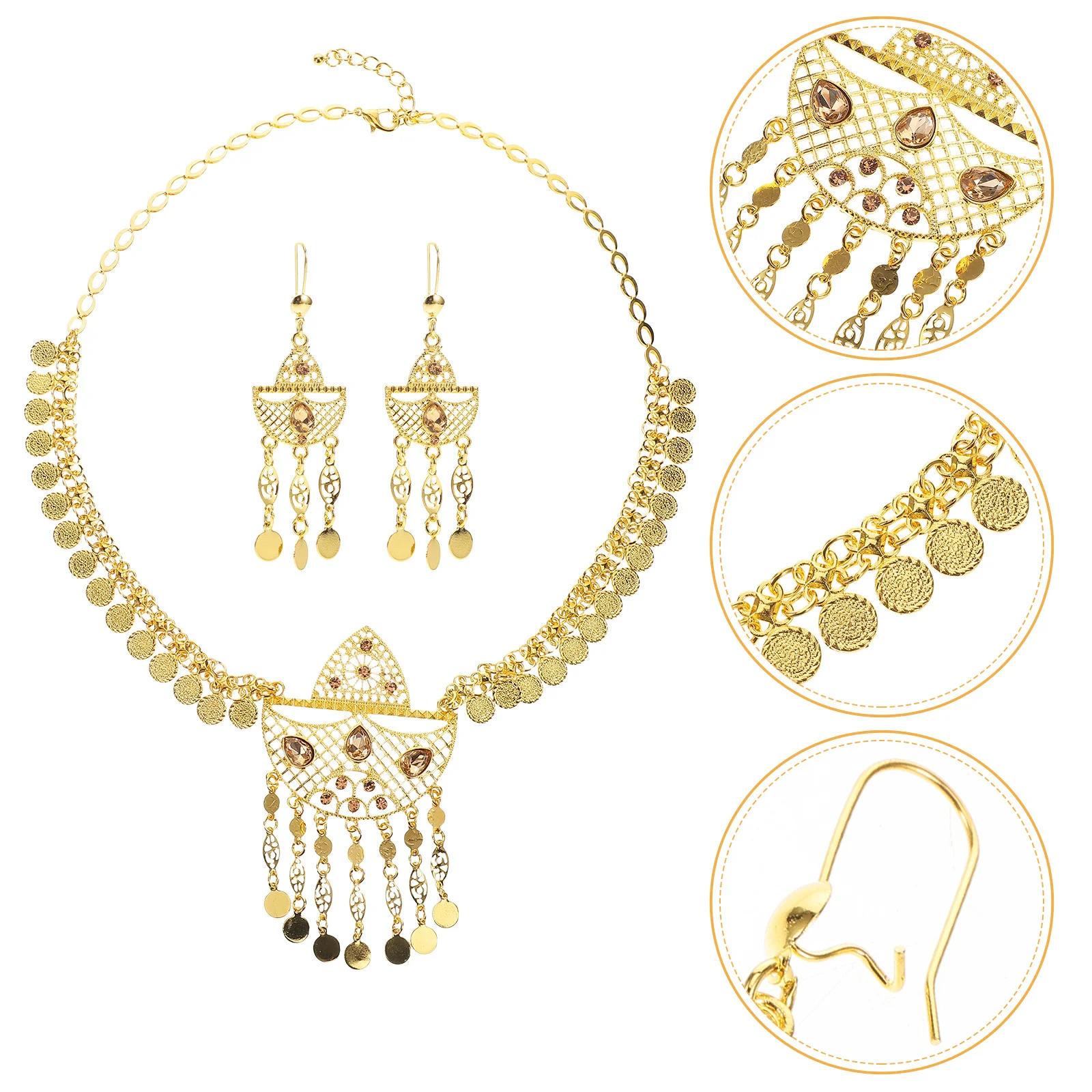 

1Set Middle Eastern Jewelry Set Gold Tone Alloy Filigree Crystal Accents Necklace Earrings Coin Tassels Special Occasions Bridal