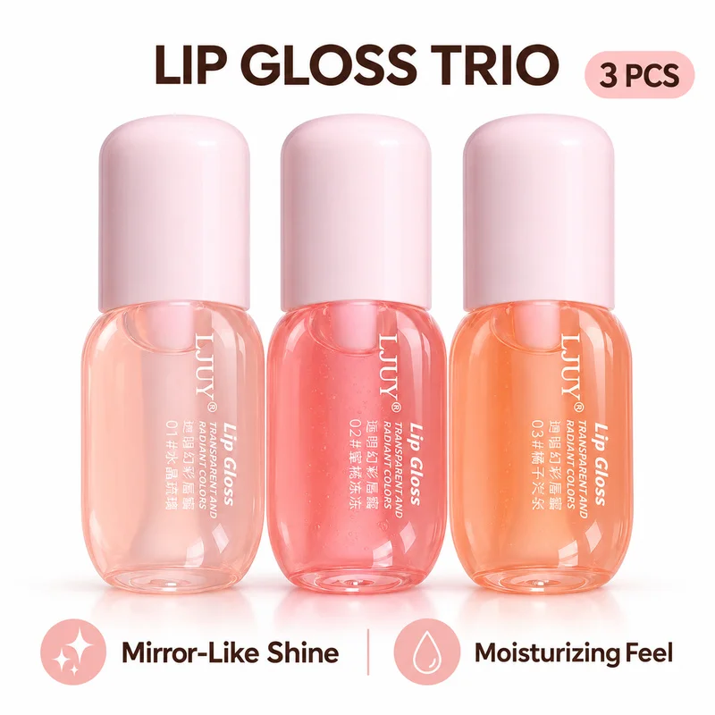 3PCS Lip Gloss Set for Women, Hydrating Moisturizing Sheer Tinted Lipgloss, Clear Pink Peach Shades, High Shine Mirror Finish, Smooth Jelly Texture, Non-Greasy Formula, Large Soft Applicator, Daily Lip Makeup Trio, Travel Beauty Essentials & Gift Set