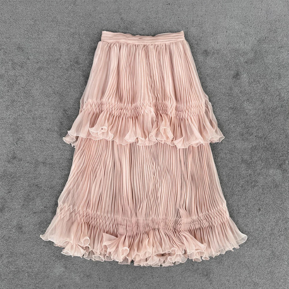 Women Pink Chiffon Pleated Midi Skirt Tiered Ruffle Layered Elastic Waist Flowy A-Line Summer Casual Party Skirt New 2026 Y2K