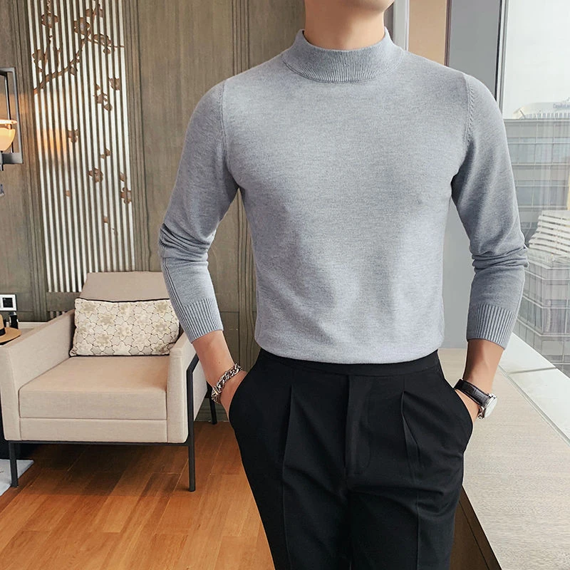 Spring Autumn Thin Half Turtleneck Men Long Sleeve Sweater Fashion Simple Slim Fit Casual Oversized Knitted Clothing Black White