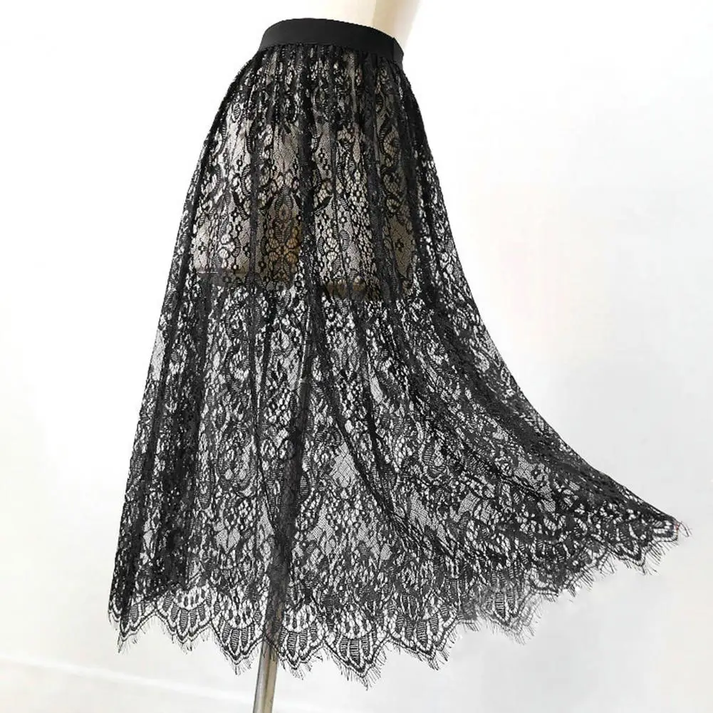 Women Lace Trim Skirt High-waisted Skirt Elegant Embroidered Lace A-line Skirt with High Waist Retro Cheongsam Lining for A