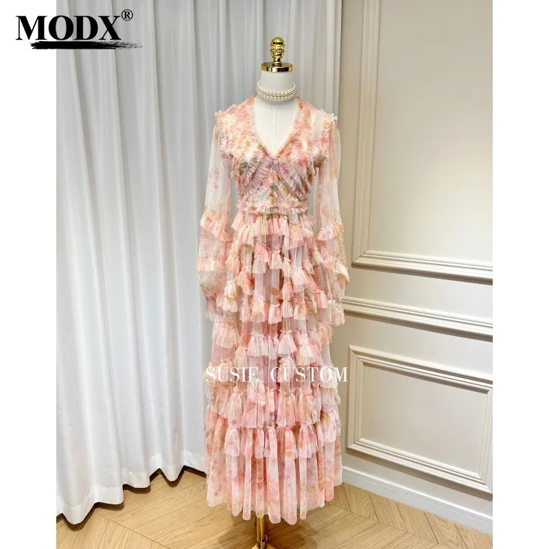 

[MODX] Collar Pleated Fungus Edge Bubble Sleeves, Waist Cinching, Big Swing Lotus Leaf Edge Cake Mesh Printed Long Skirt Dress