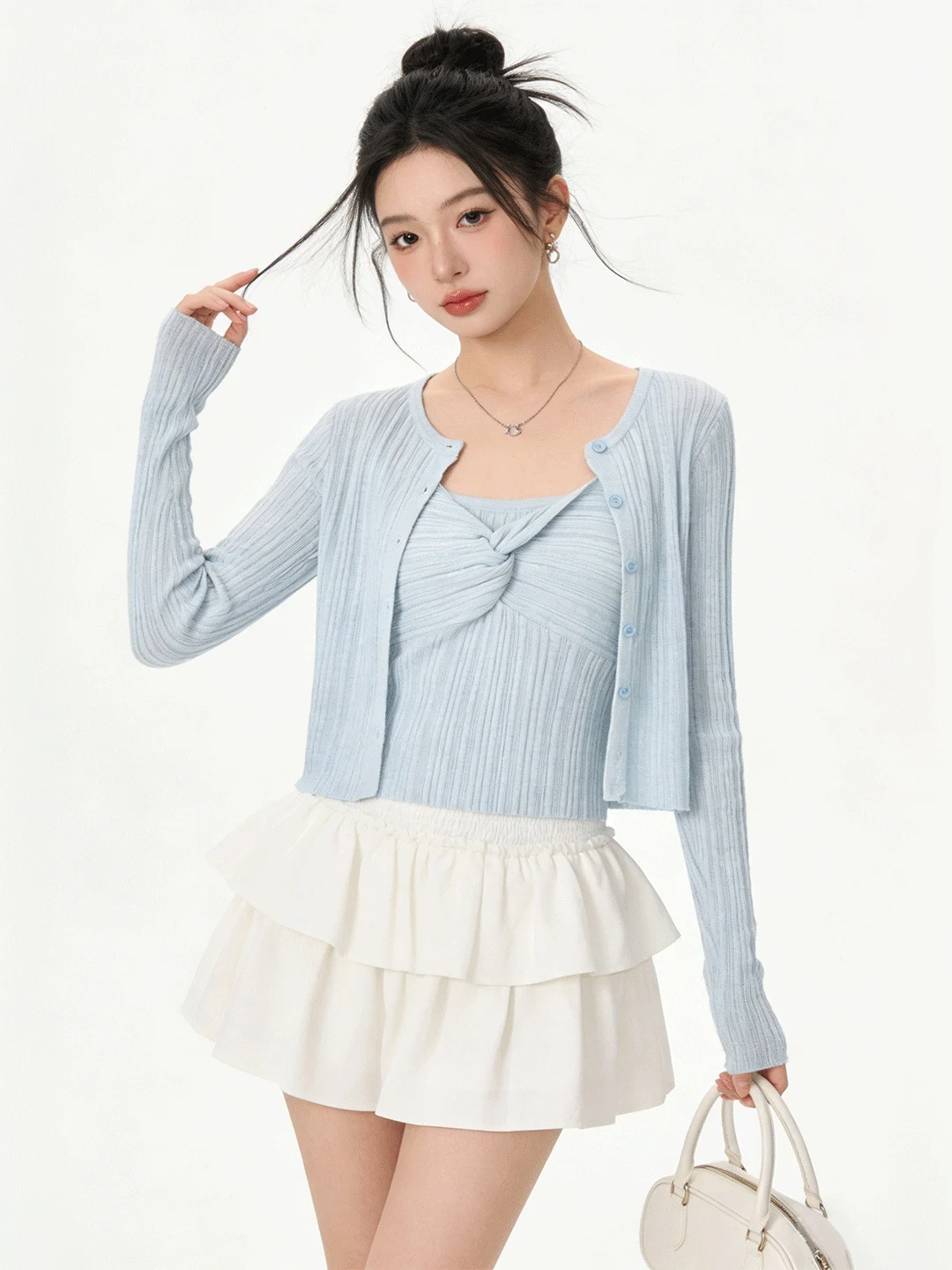 

Light Blue Knitted Two-Piece Set Long Sve round Ne Open Cardigan Top Ele Early Spring New Sle Pure Desire Knot Ves...