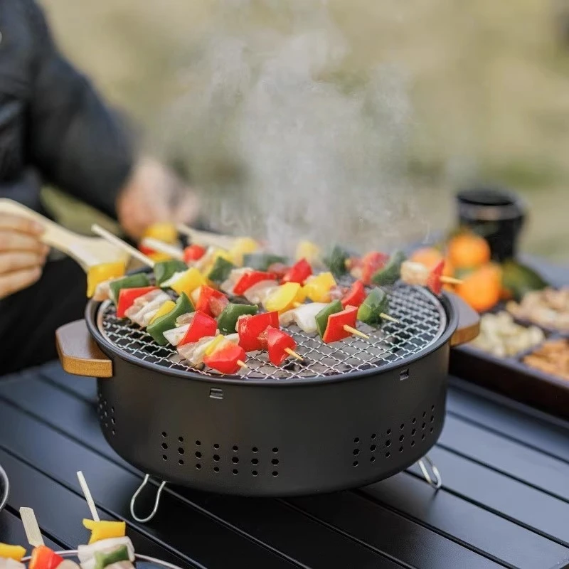 Camping Gear Outdoor Barbecue Griddle Round Tabletop Barbecue Grill Portable Carbon Stove Charcoal Grill Stove Kebab Rack