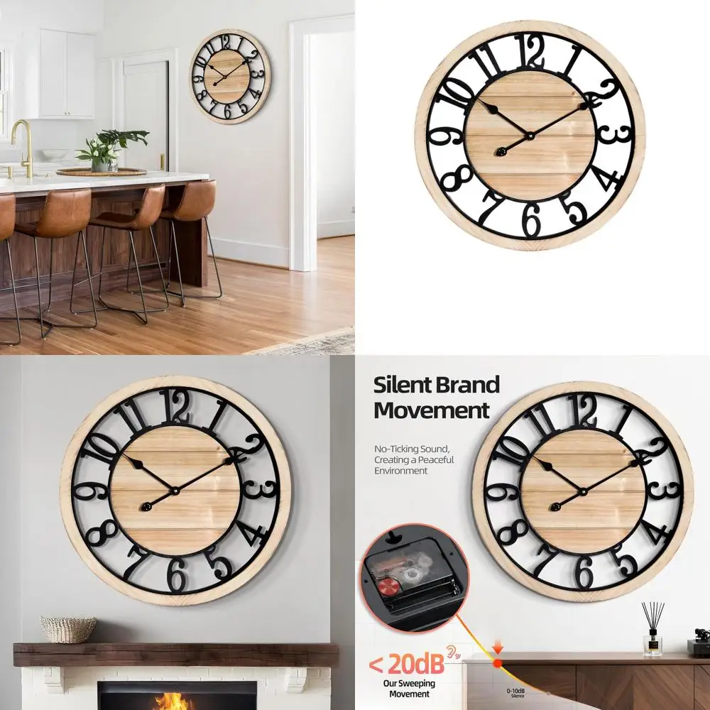 

Настенные часы 24 дюйма - большие деревянные бесшумные часы в деревенском стиле с черной металлической рамой, винтажные декоративные часы для фермерского дома
