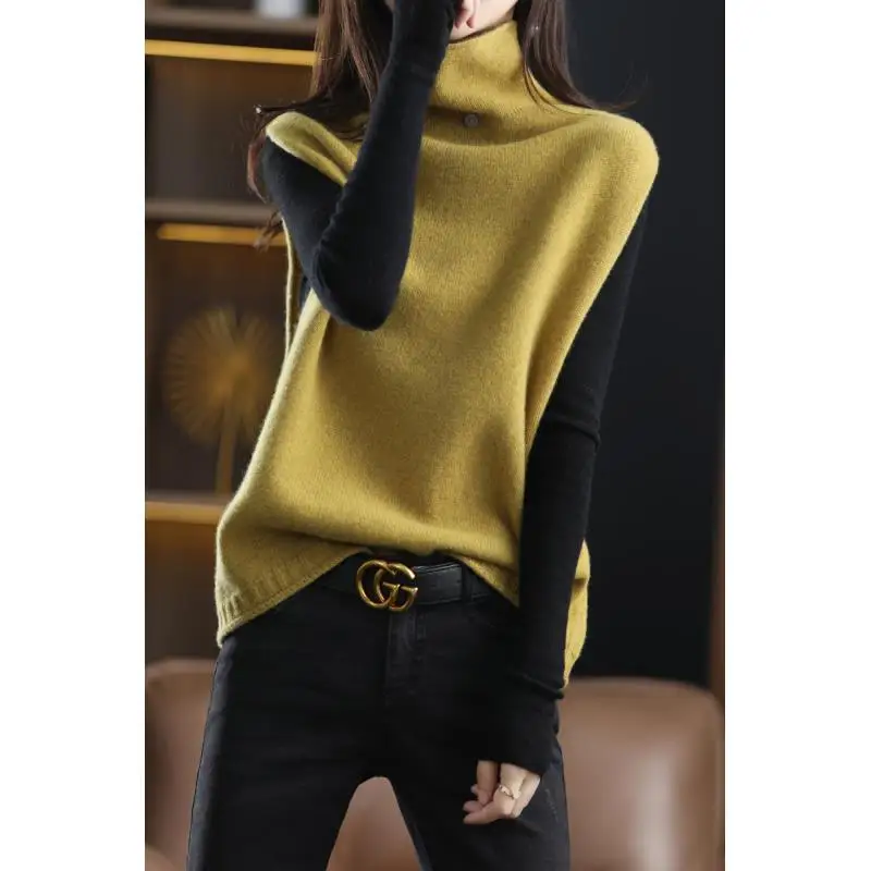 New Women\'s Clothing 2022 Wool Turtleneck Sweater Vest Spring Autumn Loose Knit Sleeveless Pullover Female Soft Vest Waistcoat