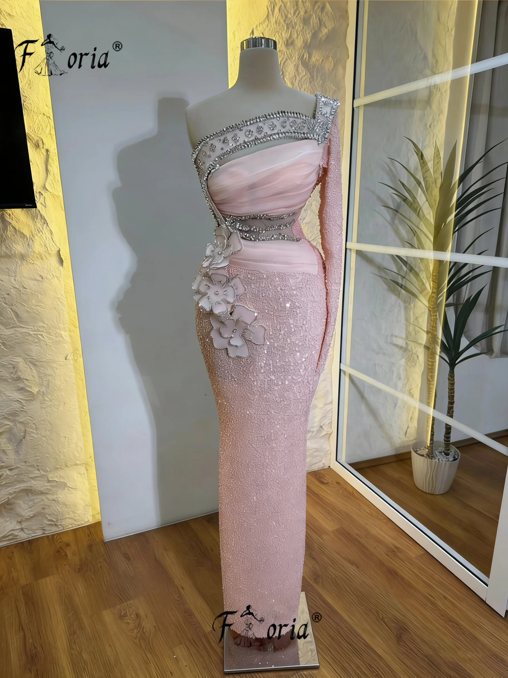 

Elegant Pink Prom Dress Beads One Shoulder Sleeve Formal Evening Gown Customized Prom New robes longues soirées élégante 2026