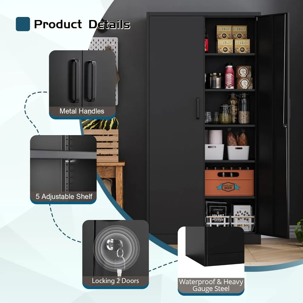 Lockable Steel Utility Cabinet with 5 Shelves for Garage Storage, 71 Tall Metal Tool Storage Cabinet with Doors