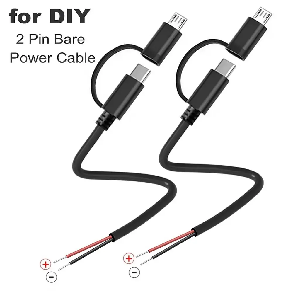2 in 1 USB-C to 2 Pin Bare Wire Open End Power Cord, Micro USB/Type C Male Plug 2 Pin Pigtail Cable, for 5V USB Type C DIY Cable