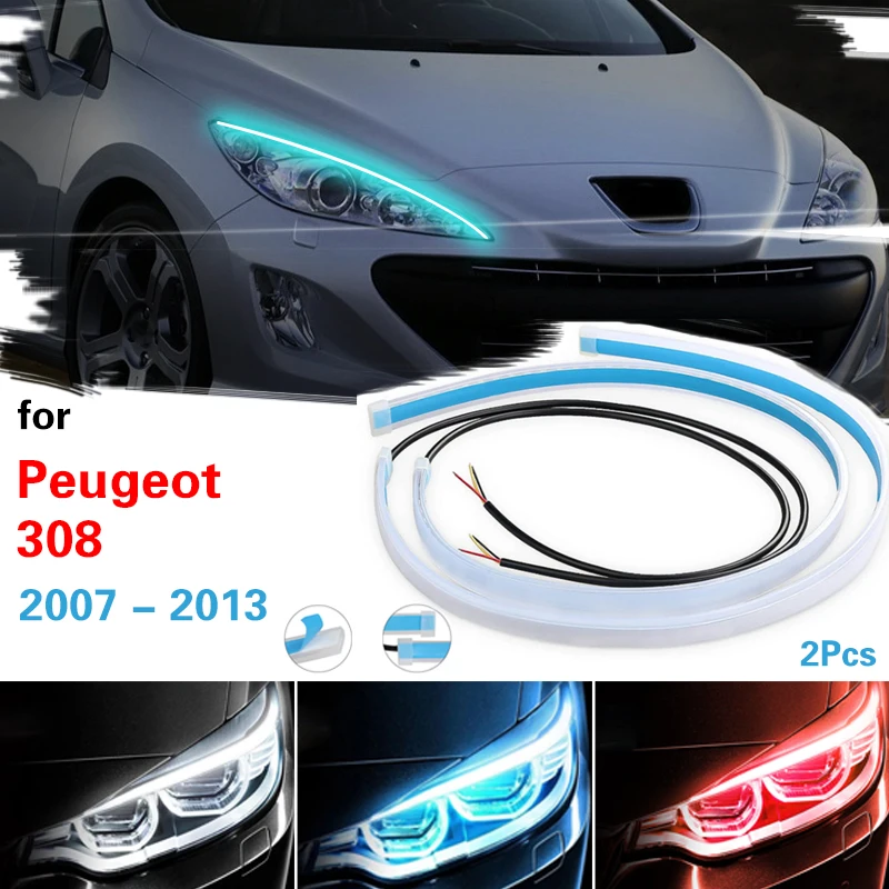 LED DRL For Peugeot 308 2007-2013 Car Daytime Running Light Waterproof Strip Auto Headlights Turn Signal Brake Flow Lights 12V