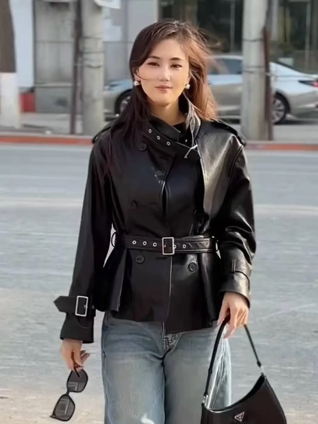 

Genuine eepskin Leather Jaet Women's Waist-Cinching Slimming Medium-Length Coat Spring Autumn New Sle Long Sve ...