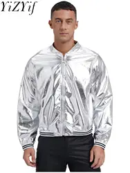 Mens Metallic Shiny Bomber Jacket Long Sleeve Zip Up Baseball Jackets Coat Rave Dance Party Festival Varsity Outerwear Clubwear
