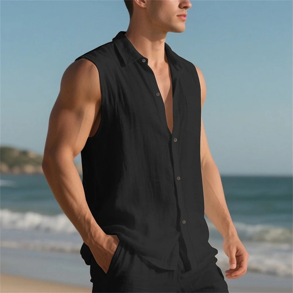 Men's Cotton Tank Tops Lapel Collar Solid Color Breathable Lightweight Simple Style Single Breasted Male Sleeveless Tops