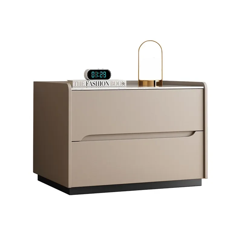 Modern Solid Wood Nightstand with Sintered Stone Top Leather Drawer Small Luxury Bedroom Side Table No Assembly Required
