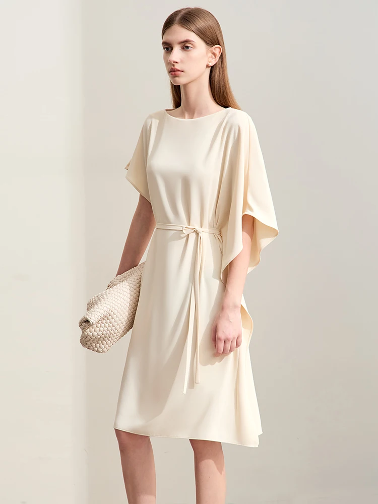 Amii Minimalism Dresses For Women 2024 Summer New Commuter Slash Neck Asymmetric Ruffle Sleeve Belt Loose Solid Dress 12422153