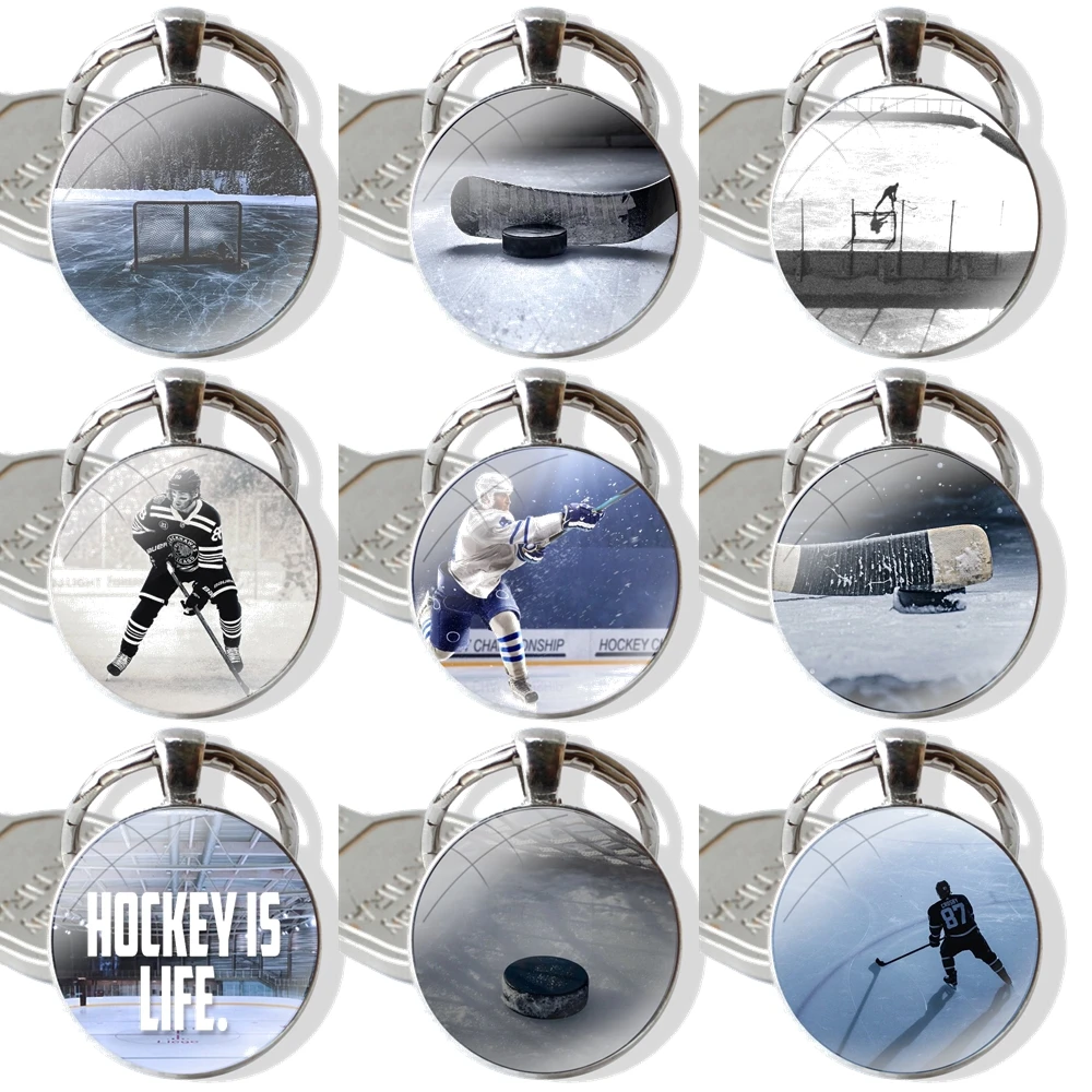 Keychain Handmade Glass Cabochon Key Ring Holder Pendant Key Chains Ice Hockey Ice Snow Sports Fashion Creative Cartoon Design