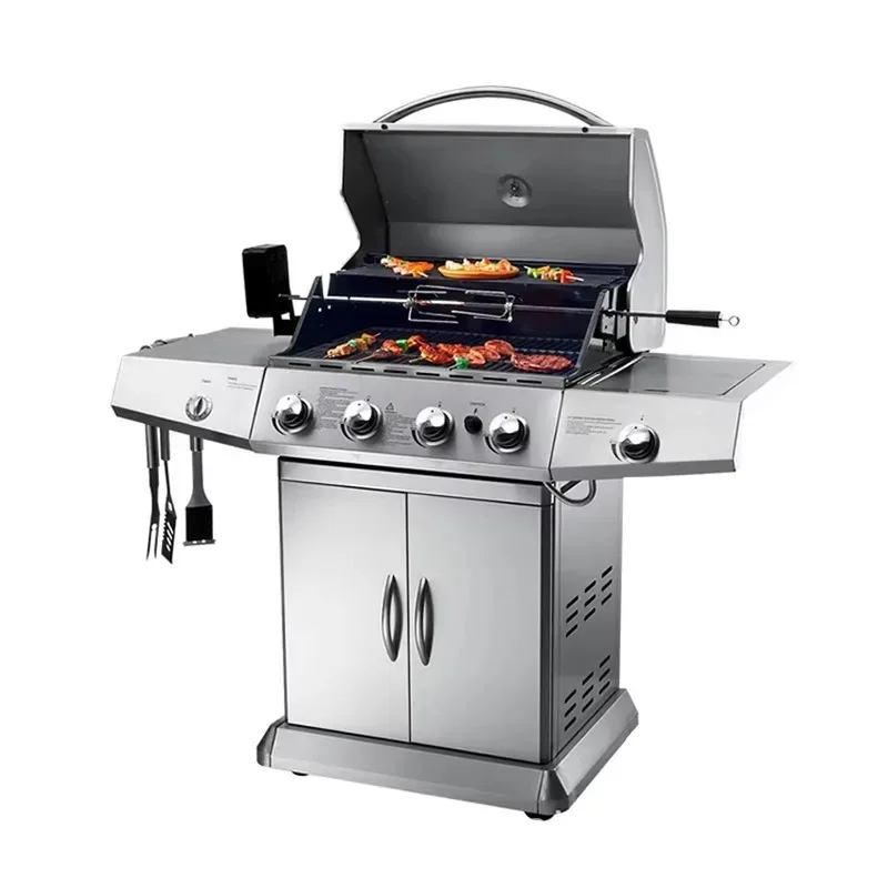 Large Outdoor Dual Fuel BBQ Grill Gas and Charcoal 4 Burner Barbecue Safe Durable Cooking Station for Patio Camping