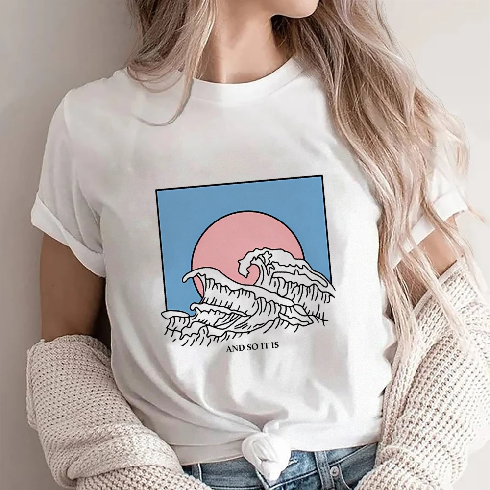 

And So It Is Japanese Wave Aesthetic Summer Tee Sunset Waves Shirt Women's Graphic Tees Ocean Wave Tumblr Style White Shirts