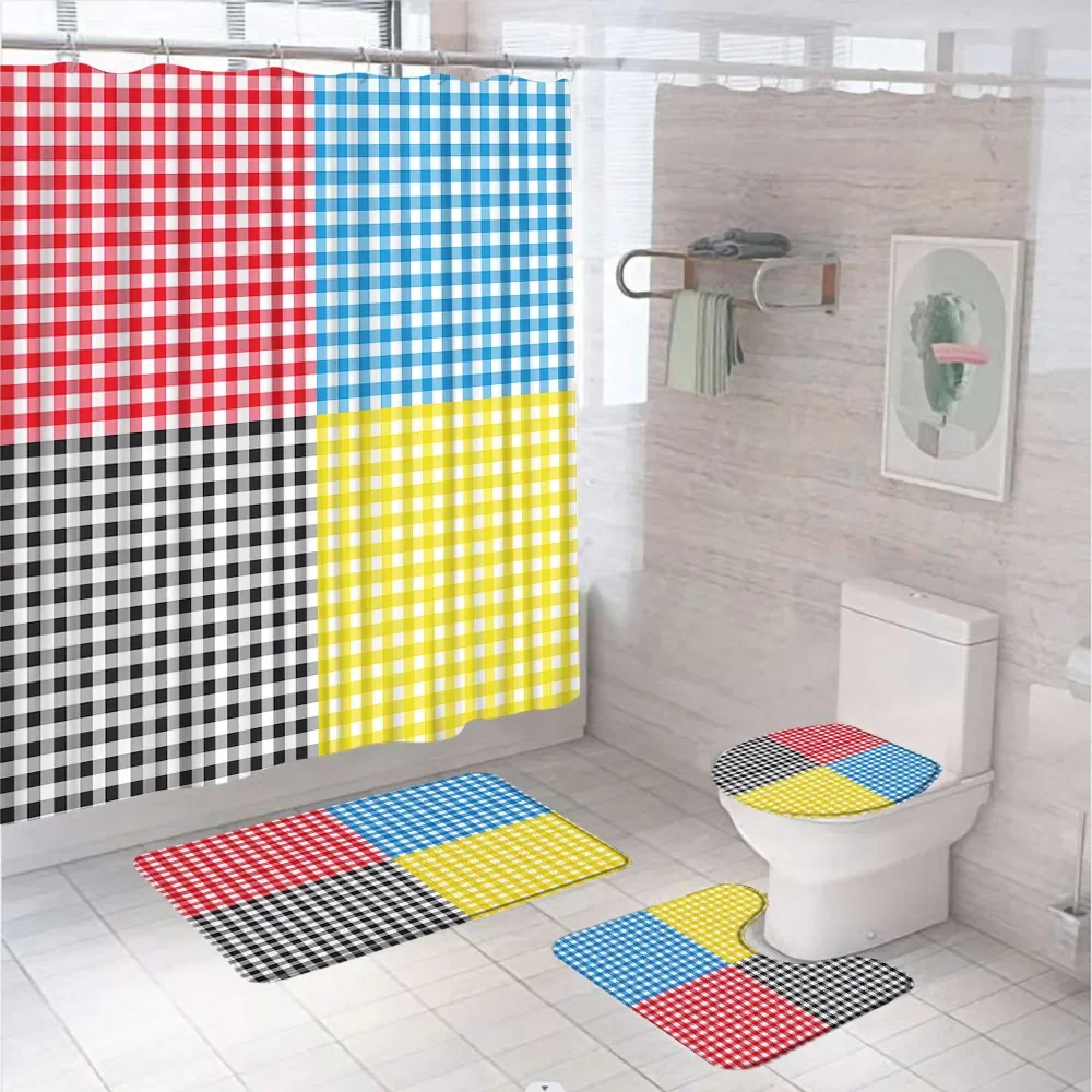 4Pcs Geometric Plaid Shower Curtain Sets Modern Buffalo Check Boho Square Bathroom Rugs Non-Slip Toilet Lid Cover Bath Mat Home