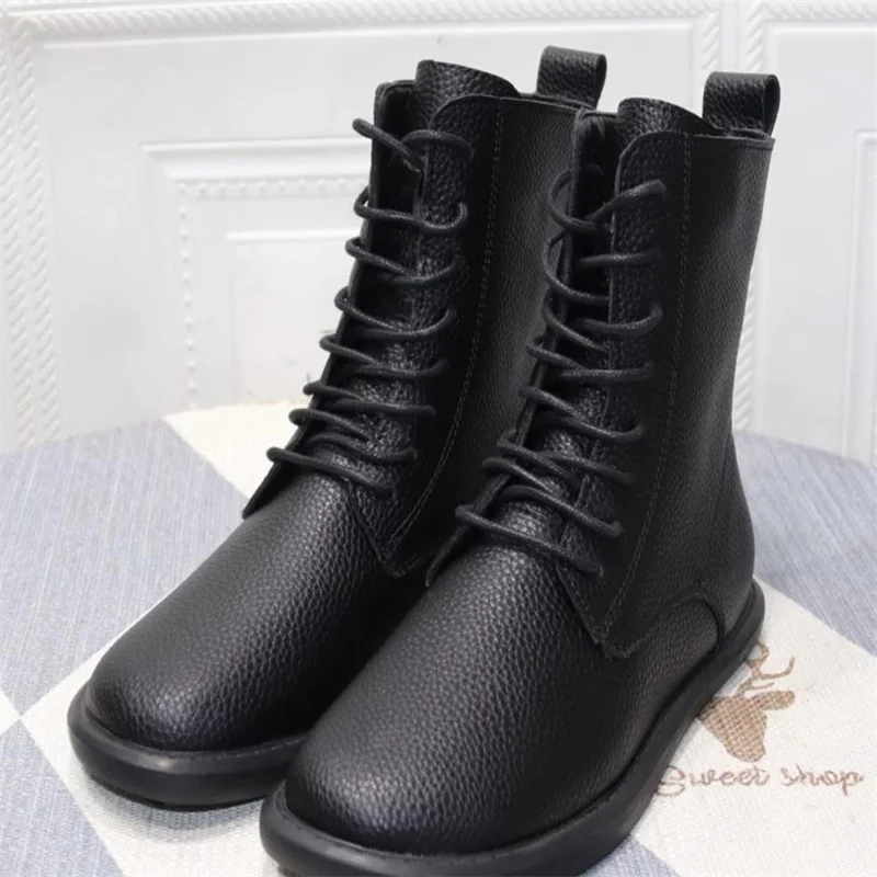 Women Fashion Genuine Leather Winter Mid-calf Boots Women Lacing Leather Boots Size 35-41 English ankle boots