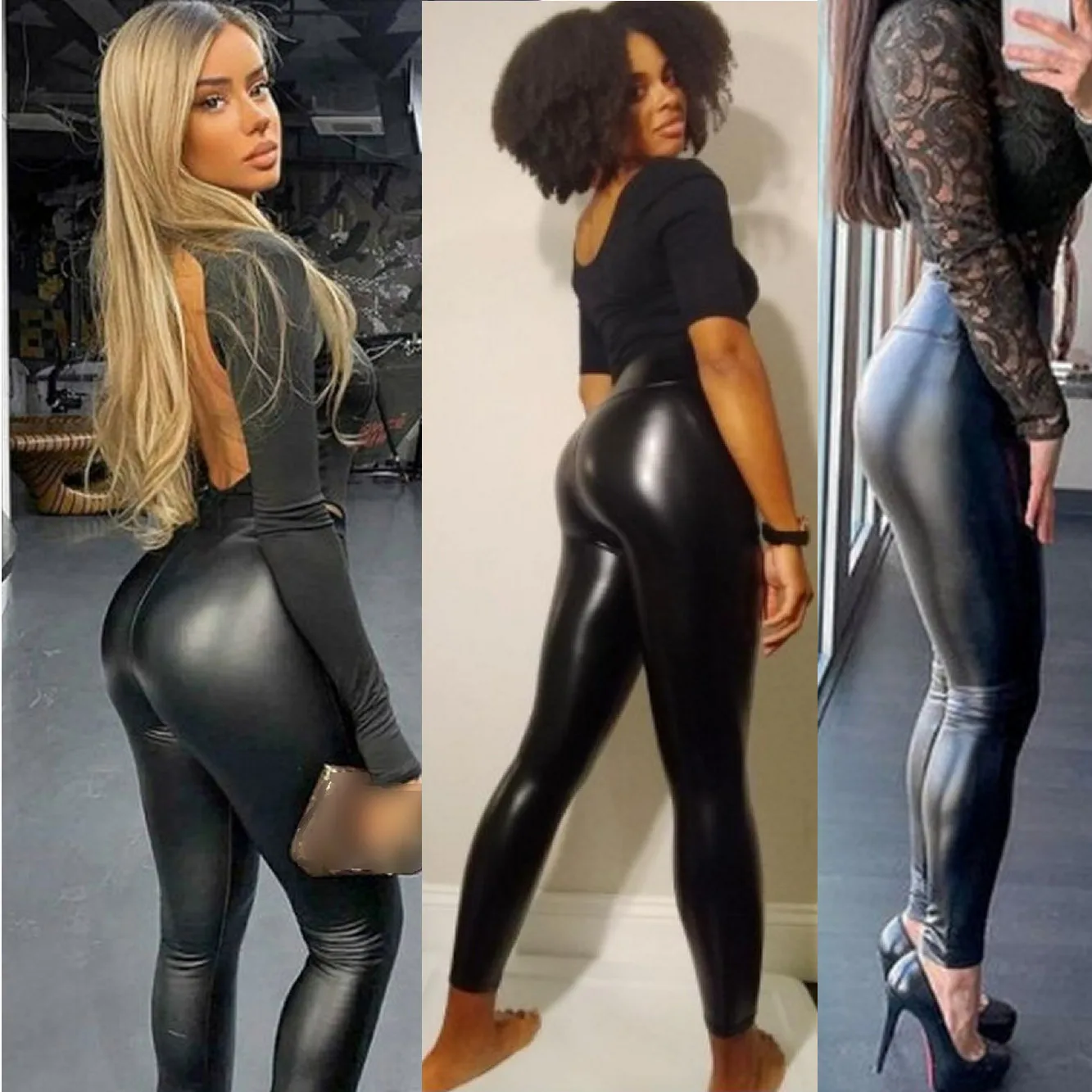 Women\'s Pleather Leggings Sexy High Waist Lace Up Pu Leather Leggings Pants Butt Lifting Black Stretchy