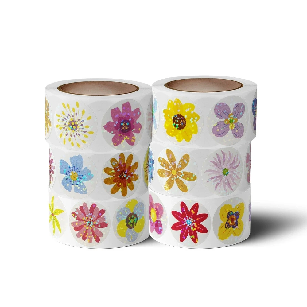 100-500 pièces 1 pouce fleurs Laser colorées autocollants floraux pour enfants récompense encourager autocollant papeterie approvisionnement pour les enfants