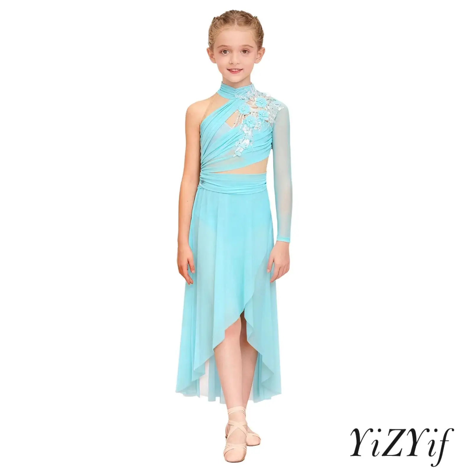 

Girls Delicate Applique Lyrical Dance Dresses Ballet Dance Performance Costume Keyhole Back Side Split Irregular Hem Mesh Dress