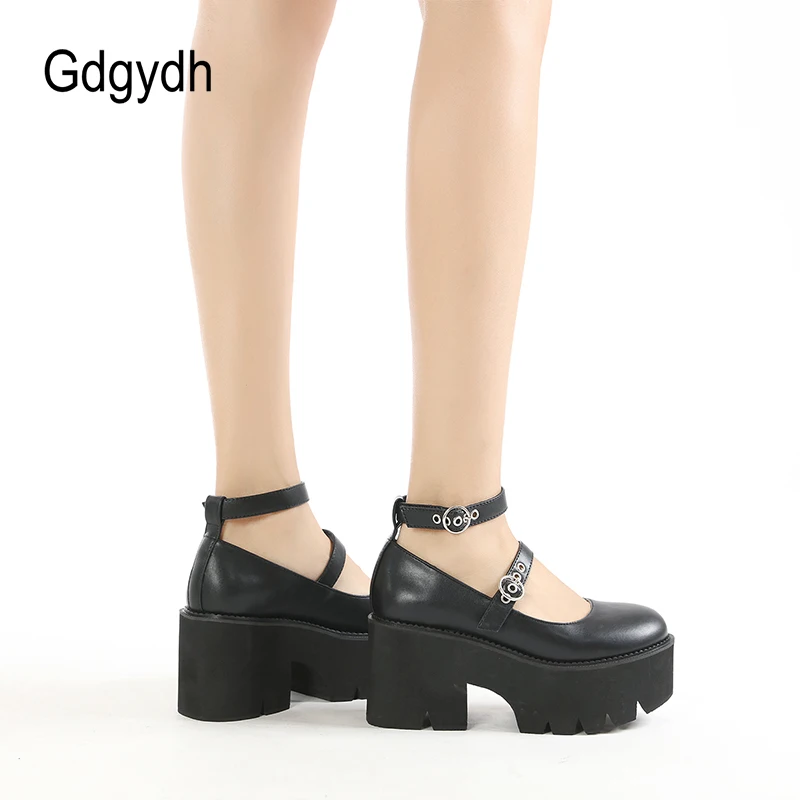 Gdgydh Round Toe Chunky Goth Platform Women Shoes Trendy Ankle Strap Mary Janes Pumps Suare Heels Lolita Style College Student